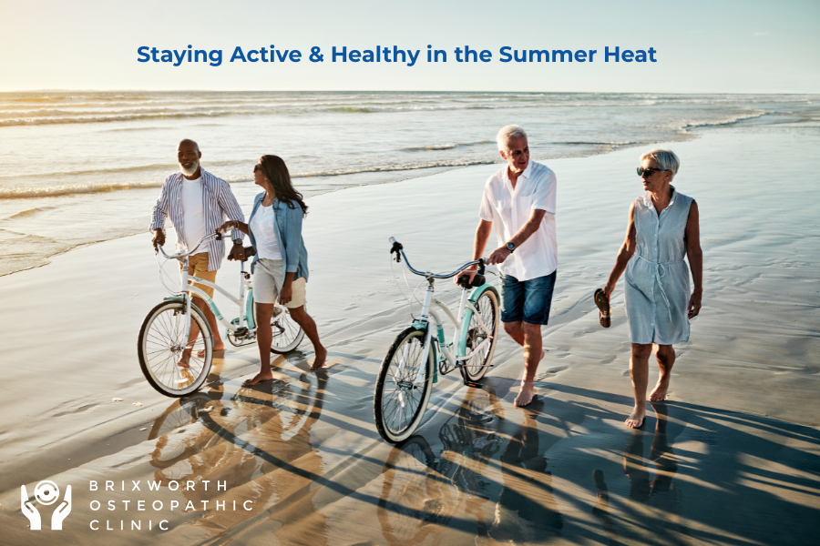 staying active in the summer heat, people exercising on bikes, outdoor exercising